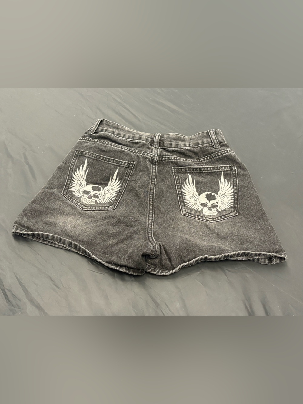 ROMWE Black Washed Denim Shorts Skull Wing Decal